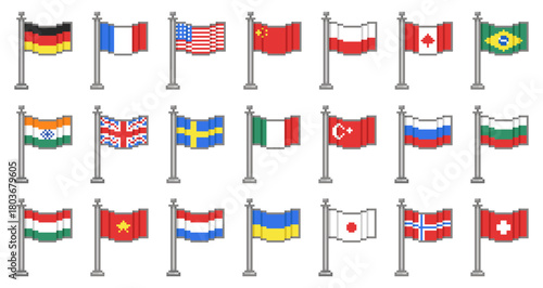 Pixel art country flags. National colors and signs, fluttering canvases, 8 bit graphic, simple icons for apps and games ui, geography emblem, travel label, qualitative vector isolated set