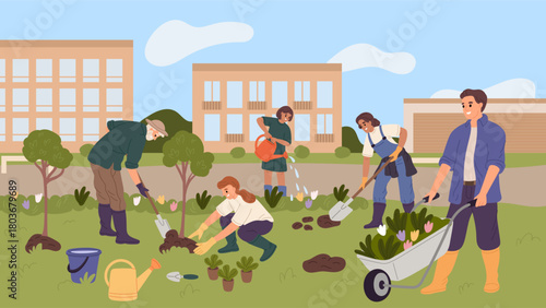 People work in city park. Happy citizens plant tree seedlings and flowers in courtyard, street greening process, environment care, community volunteer cartoon flat garish vector concept
