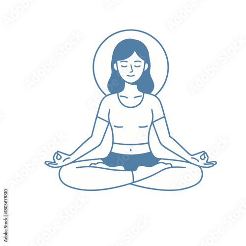 Woman meditating in lotus pose (Padmasana) with a halo, illustrating mindfulness, yoga, spirituality, and mental wellness. Monoline vector art.