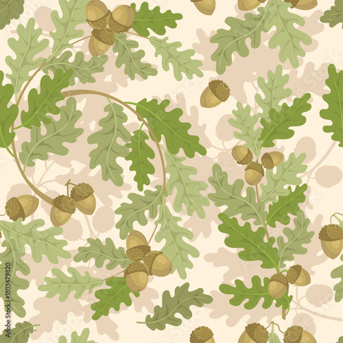 Oak branches seamless pattern. Elegant botanical elements, leaves and acorns, repeated decorative plants. Decor textile, wrapping paper, wallpaper. Print for fabric splendid vector background