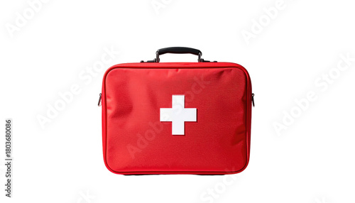 Red medical kit with white cross, centered