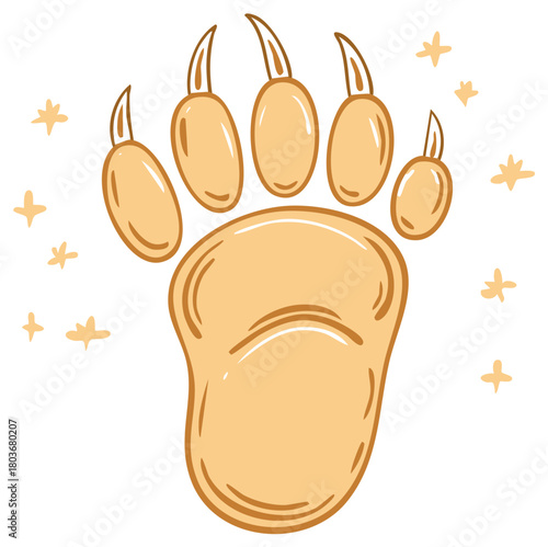 Illustration of a bear paw print with claws and star shapes, cartoon design.
