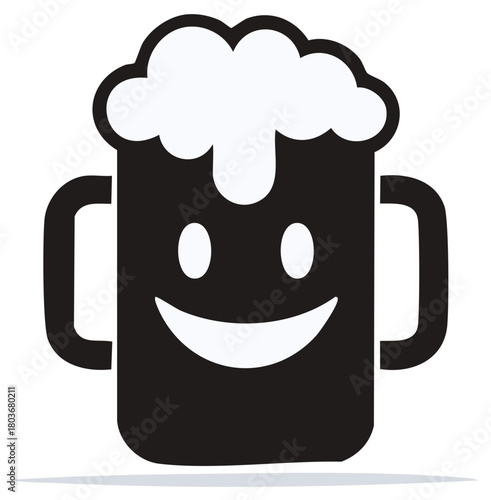 Smiling beer mug cartoon character with foam and handles on white