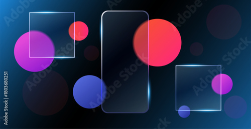 Glassmorphing transparent frames. Round shapes blur effect, view through frosted glass, empty planes for text, square web template, ui minimal buttons, qualitative vector concept