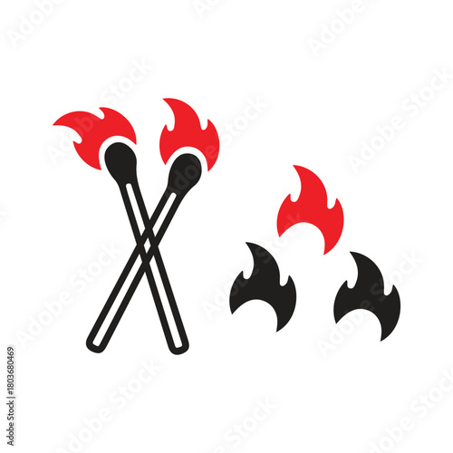 Ignited matchsticks crossed with distinct red and black flame icons vector