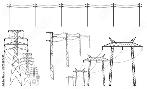 Electric power lines. Transmission towers with wires, high voltage cables, energy transmission, different pylons, poles with wire black silhouette, city infrastructure qualitative vector set