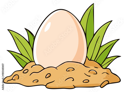 A large single egg rests in a simple nest of dirt and grass, a cartoon vector illustration of new life.