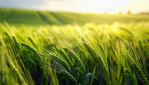 A close-up view of green wheat stalks in a field at sunset, with the sun's rays creating a warm, golden glow.