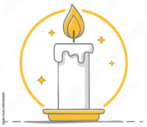 Single burning candle with flickering flame and golden aura illustration