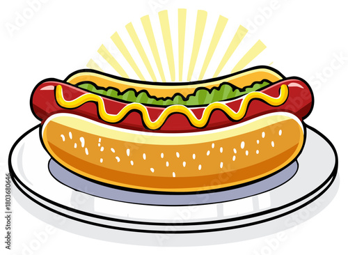Cartoon illustration of a hot dog with mustard, pickles, and a bun on a plate