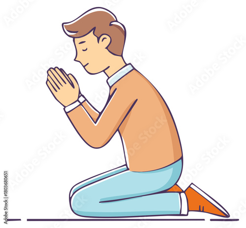 Cartoon illustration of a young man kneeling in prayer with hands together in devotion
