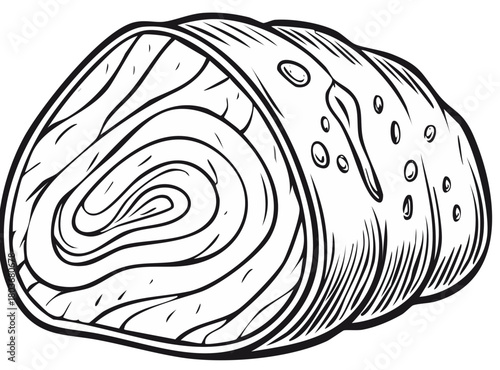 Hand Drawn Roll of Meat Vector Art for Coloring Books and Menu Design: Black and White Meat Roll Illustration