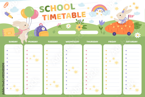 Cute rabbits school schedule. Funny little bunnies with supplies, kids weekly planner template, cartoon animals character, childish poster, empty textbox, garish vector timetable concept