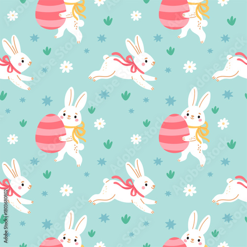 Cute easter rabbits seamless pattern. Little funny bunny with colorful patterned egg, spring holiday textile, wrapping paper, wallpaper. Print for fabric, garish vector background