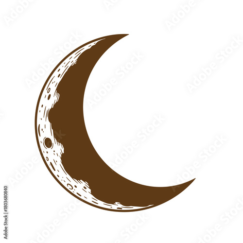 Vintage hand drawn brown crescent moon isolated on white background illustration