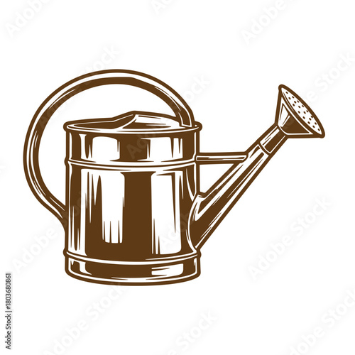 Vintage brown sketch illustration of a traditional watering can for gardening purposes