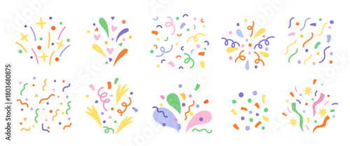 Colorful party confetti. Different types and shapes pieces of paper, streamers, dots, stars flying out of firecrackers, celebration cartoon flat isolated composition garish vector set