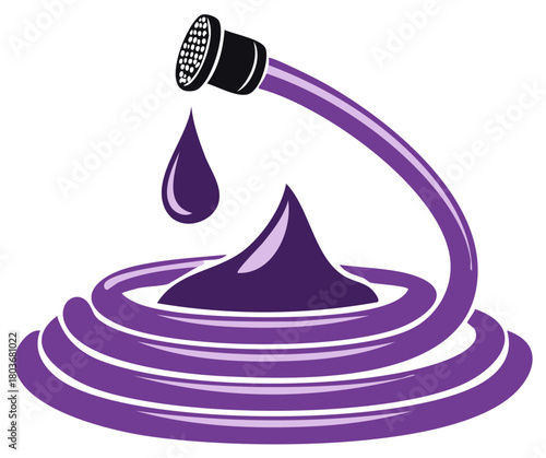 Stylized illustration of a coiled purple garden hose with a black watering nozzle dripping water forming a puddle
