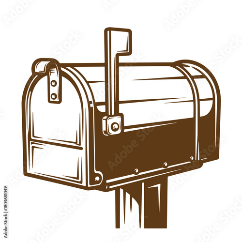 Vintage sketch illustration of a classic brown mailbox with the flag raised