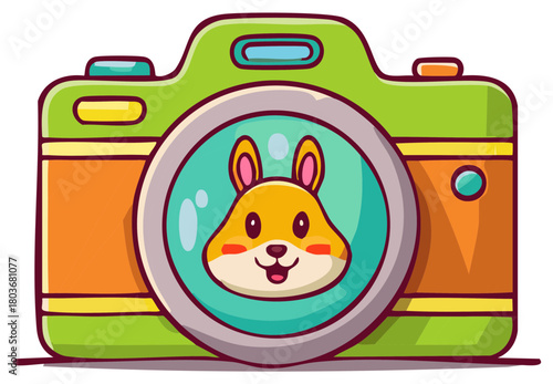 Cute cartoon camera with a happy hamster face reflected in the lens illustration