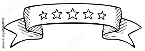 Black and white hand drawn ribbon banner featuring five outline stars for rating or quality mark
