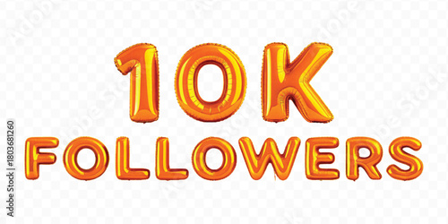 abstract 3d 10K FOLLOWERS typography text made by with different color foil balloons style isolated on transparent background