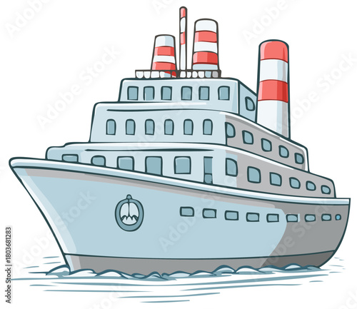 Stylized Cartoon Cruise Ship Illustration Floating on Water with Striped Smokestacks