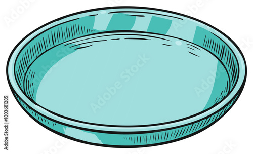 Hand Drawn Illustration of an Empty Cyan Round Dish with Textured Rim