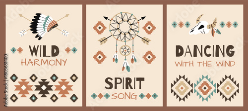 American indians items cards. Traditional patterns, ethnic ornaments, hippie and boho style, explore discover design, posters graphic collection, cartoon flat isolated garish vector set