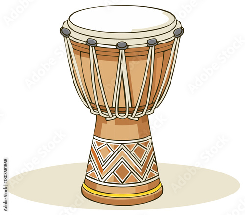 Cartoon drum. Percussion instrument with decorative tribal patterns. Musical design for celebrations