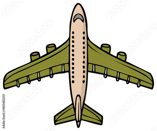 Top down view of a cartoon airplane with green wings and four engines