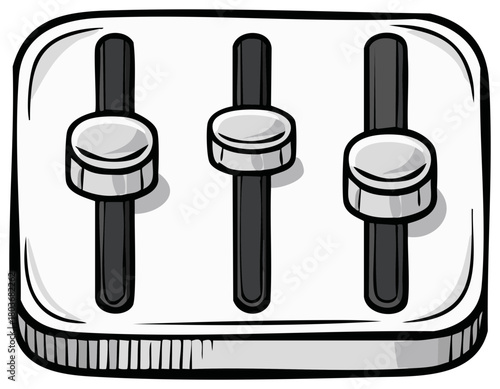 Cartoon drawing of an audio mixer console with fader control sliders for sound adjustment