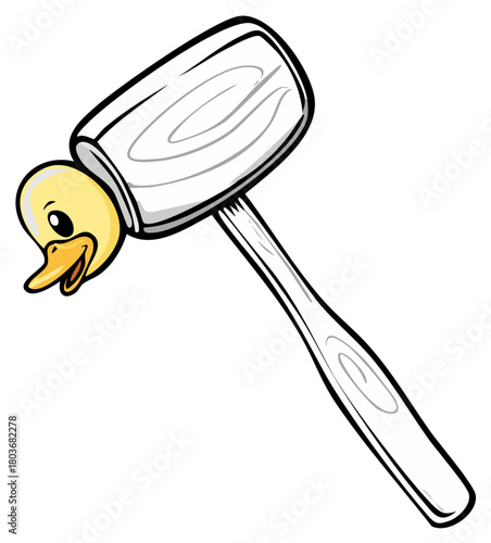 Cartoon Mallet with Duck, Illustrative, Humorous, Tool, White Background