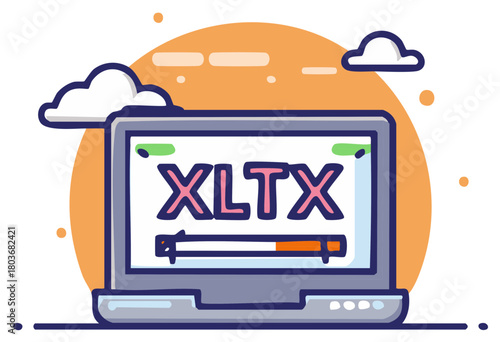 XLTX spreadsheet template file format loading on a laptop computer screen cartoon illustration