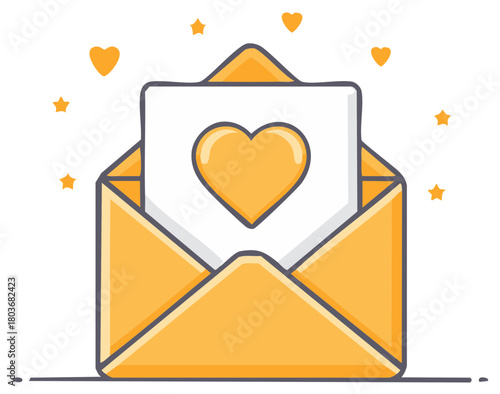 Envelope with heart-shaped card surrounded by stars, love, and romantic concepts