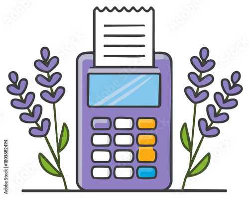Cartoon payment terminal displaying a receipt accompanied by two delicate lavender flower sprigs