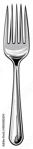 Stylized illustration of a silver metal fork with four prongs and a tapered handle
