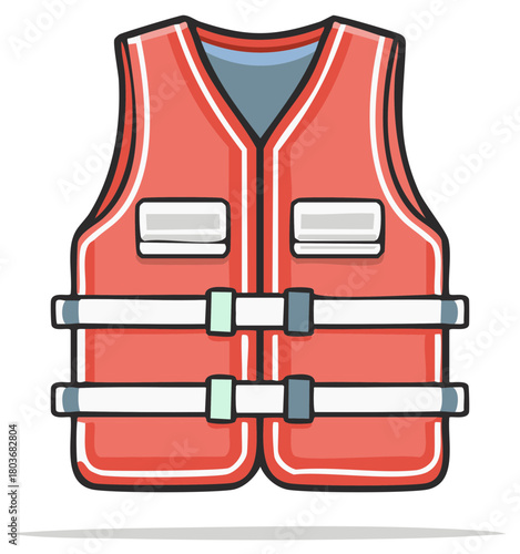 Red life vest cartoon illustration for water safety and recreation equipment