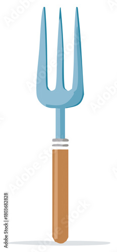 Stylized Garden Fork Tool with Blue Tines and Wooden Handle Illustration