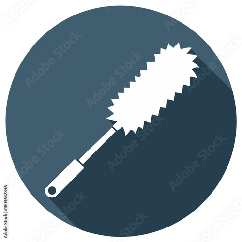 White feather duster icon with long shadow on a circular navy blue background