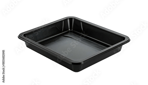 Glossy black square food tray, shallow and dark