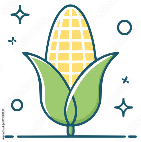 Cute cartoon corn on the cob with green husks and yellow kernels vector icon