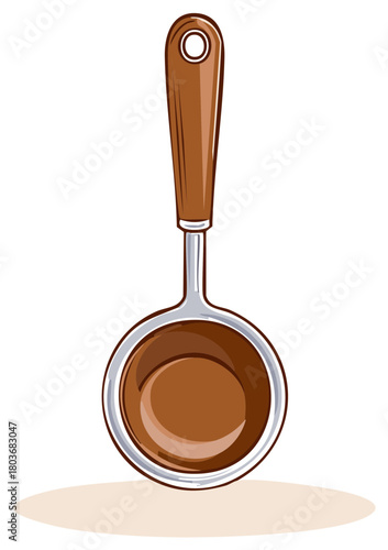 Illustrated dipper ladle with smooth brown handle holding rich liquid for cooking or serving