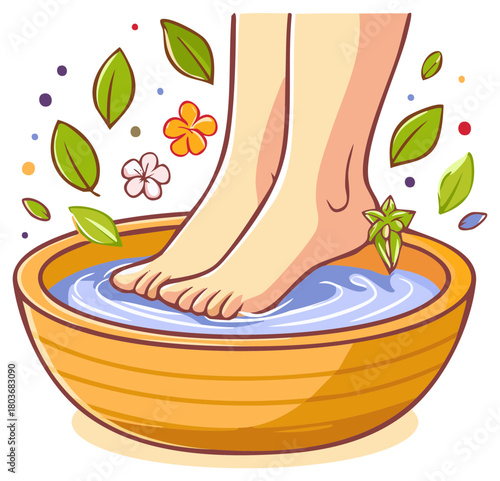 Feet relaxing in a soothing herbal foot bath with floating leaves and flowers.