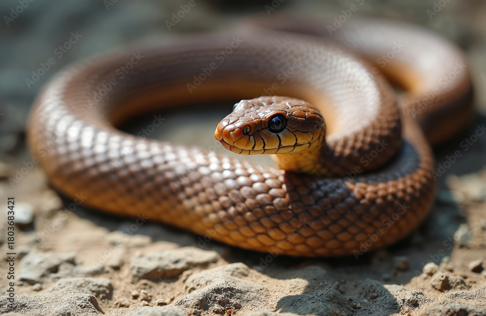 Fototapeta premium Brown snake coiled on dirt ground. Reptile flicks tongue, showing scales detail. Venomous Australian fauna poses danger. Wildlife concept, close-up macro shot.