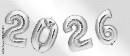 2026 Silver Foil Balloon Numbers – Metallic Helium Numerals on Light Gray Background