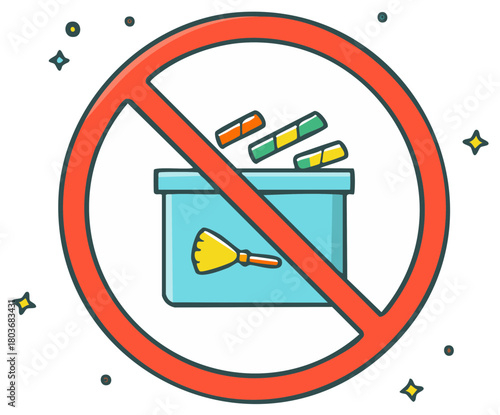Prohibition sign with no trash bin and broom inside, a conceptual symbol
