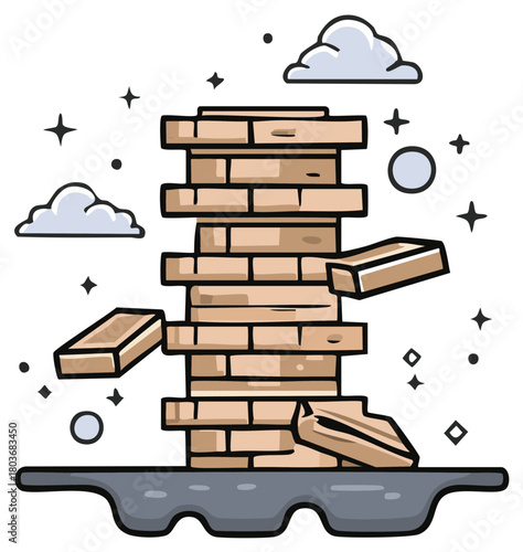 Unstable wooden block tower collapsing with falling pieces, strategy game illustration