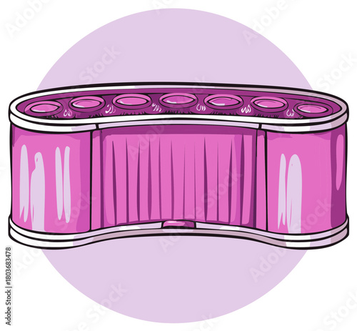 A curved pink promotional counter or trade show exhibition booth. Vector illustration for marketing events.