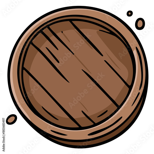 A cartoon wooden barrel lid viewed from above, a simple rustic illustration